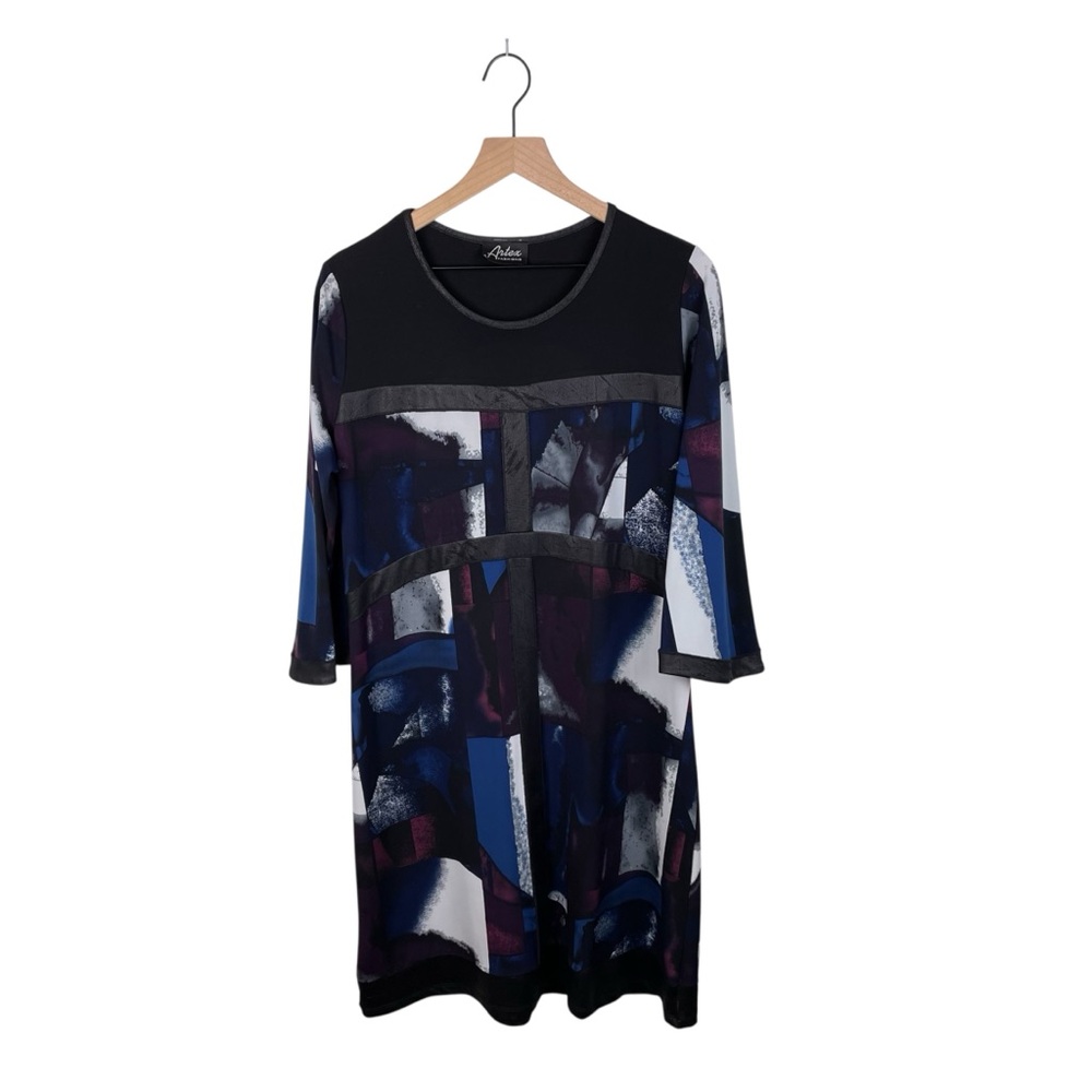 Artex Fashions Abstract Shift Dress Faux Leather Trim Size XL Artsy Lagenlook